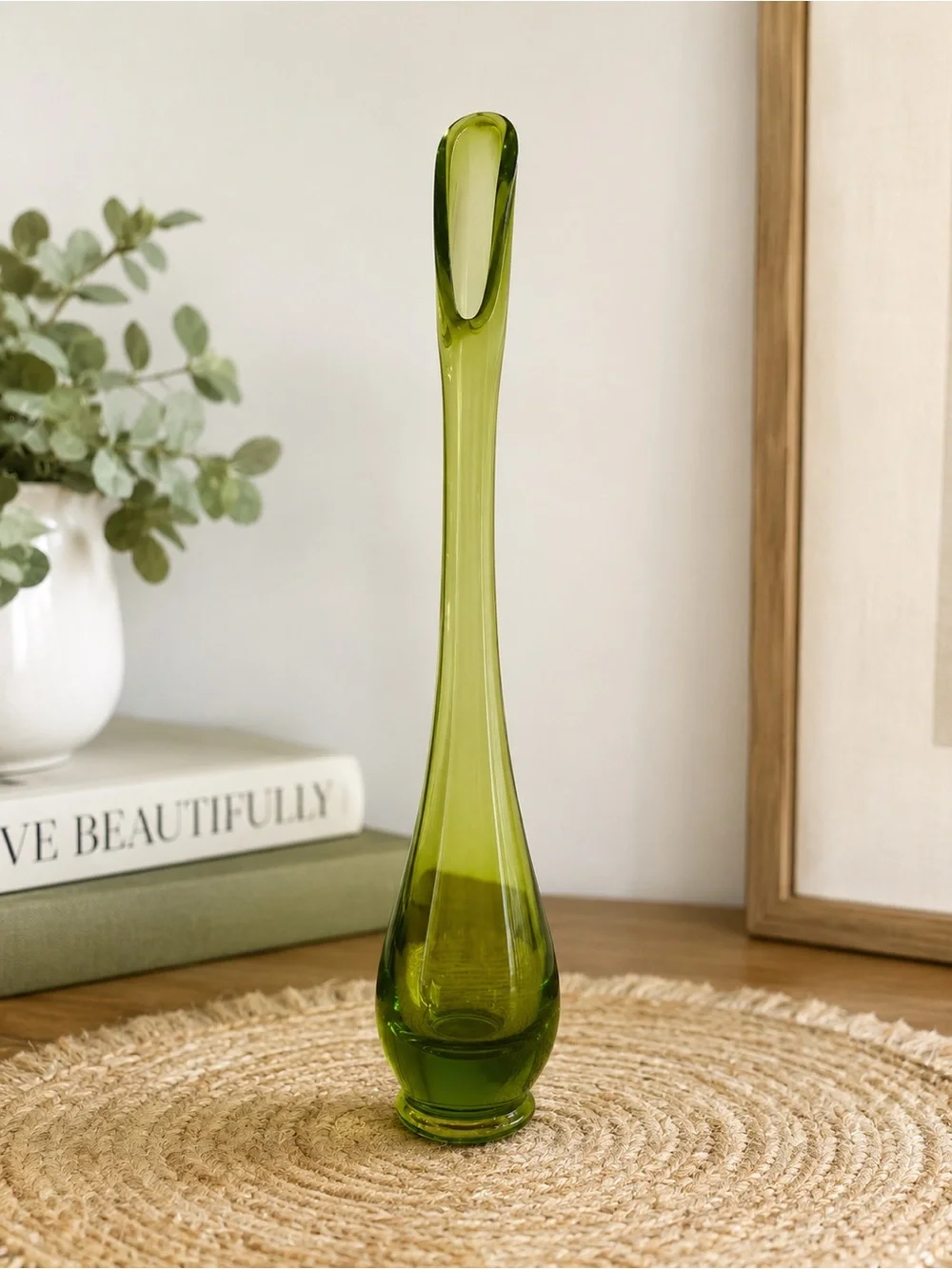 Vintage Viking Avocado Green Swung Glass Bud Vase MCM